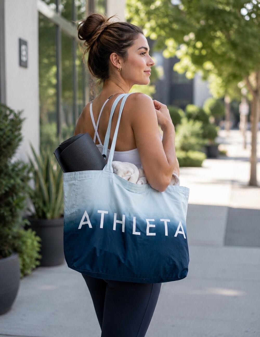 Athleta Canvas Tote Bag Blue White Ombre Dip Dye Large Logo
Gym Beach Bag